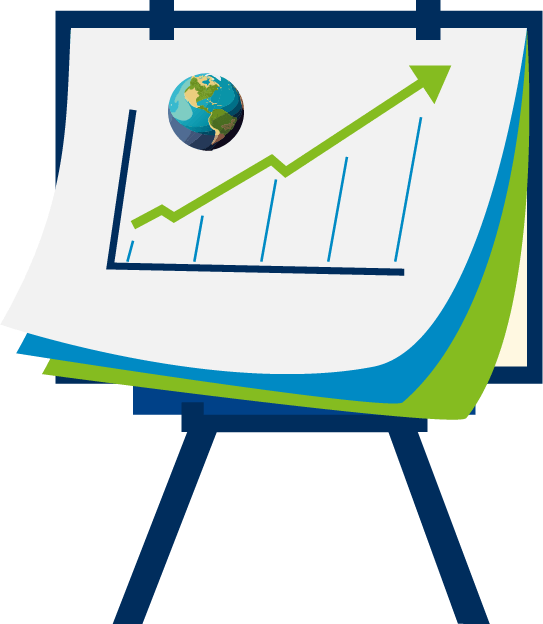 homepage-hero-jaro-flipboard Ein Flipchart, das den Planeten Erde und einen steigenden Trend zeigt.